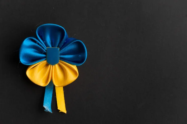 Ukrainian Flag Flower Coat Arms Ukraine Ribbons Black Matte Background Stock Image