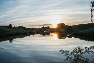 Yaz güneşli akşamları, tarla bitkileriyle birlikte göletin yanında. Ukrayna.