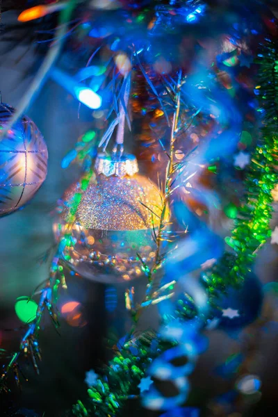 Christmas Tree Decorations Blurred Background Garland Lights Background — Zdjęcie stockowe