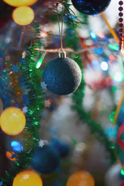 Christmas Tree Decorations Blurred Background Garland Lights Background — Zdjęcie stockowe