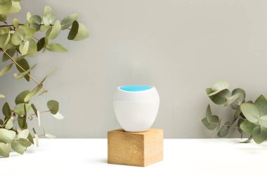 Kare bir ahşap zeminde, yapraklı okaliptüs dalları olan nemlendirici krema kabı.