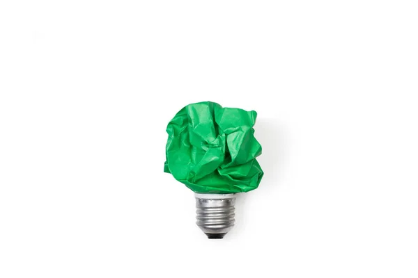 Glödlampa Gjord Med Grönt Skrynkligt Papper Vit Bakgrund — Stockfoto