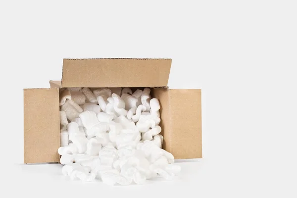 Packaging Foam Chips Brown Carboard Box — Stock Photo, Image