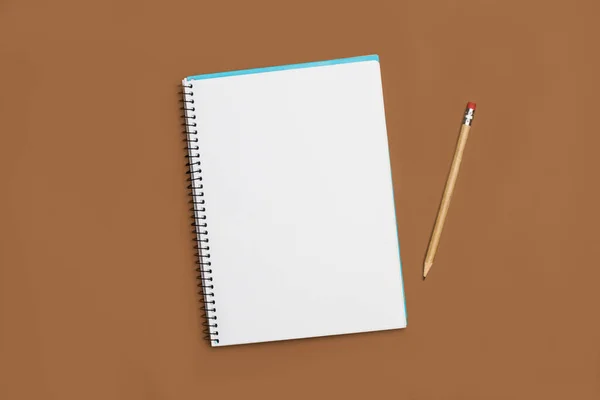 Blank Notebook Pencil Brown Background — Stok fotoğraf