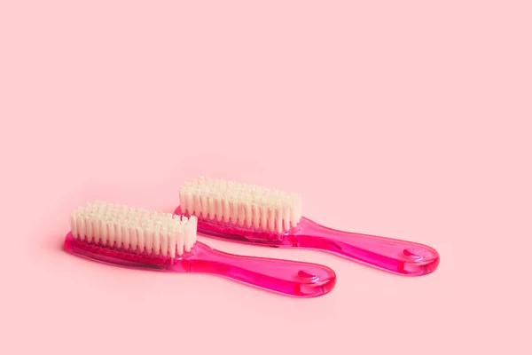 Two Pink Nail Brushes Pink Background Copy Space — Stock Photo, Image