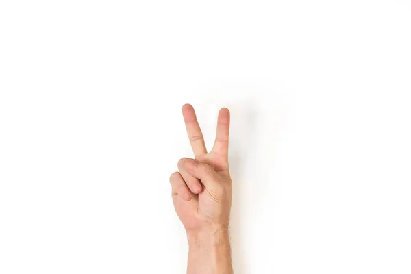 Man Hand Victory Gesture White Background Copy Space — Stock Photo, Image