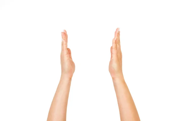 Γυναικεία Χέρια Χειρονομία Της Δείχνει Ένα Μεγάλο Μέγεθος Λευκό Φόντο — Φωτογραφία Αρχείου