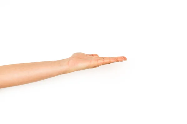 Vrouw Hand Hand Vragen Gebaar Een Witte Achtergrond Met Kopieerruimte — Stockfoto
