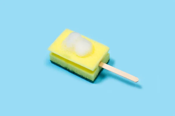 Cleaning Sponge Ice Cream Stick Soap Foam Light Blue Background — Foto de Stock