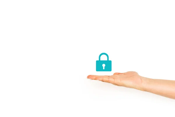 Woman Hand Showing Padlock Icon White Background Copy Space — Photo