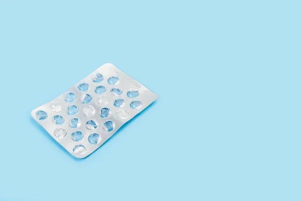 Empty Medical Pills Blisters Light Blue Background Copy Space — Stock Photo, Image