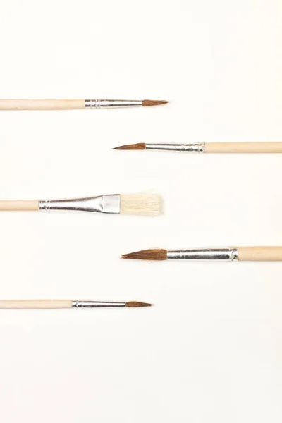 Wooden Artistic Paintbrushes White Background Copy Space — ストック写真