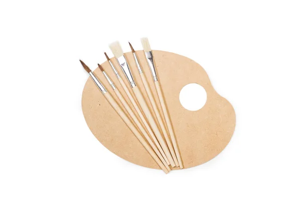 Paintbrushes Wooden Painter Palette White Background Copy Space —  Fotos de Stock