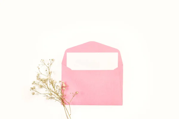 Pink Envelope Sheet Paper White Background Copy Space — Zdjęcie stockowe