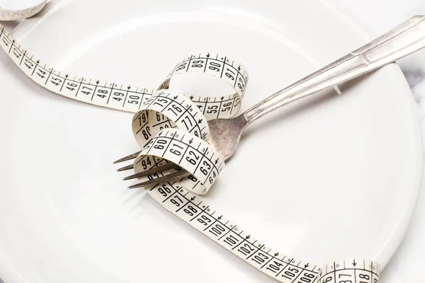 Measuring Tape Fork White Plate Marble Background — Photo