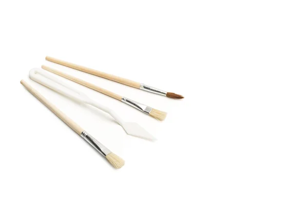 Wooden Artistic Paintbrushes Plastic Spatula White Background Copy Space — ストック写真