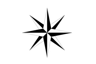 Draw in white and black of a compass rose on a white background with copy space