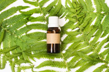 Eğreltiotu yapraklı kahverengi bir ilaç şişesi beyaz arka planda