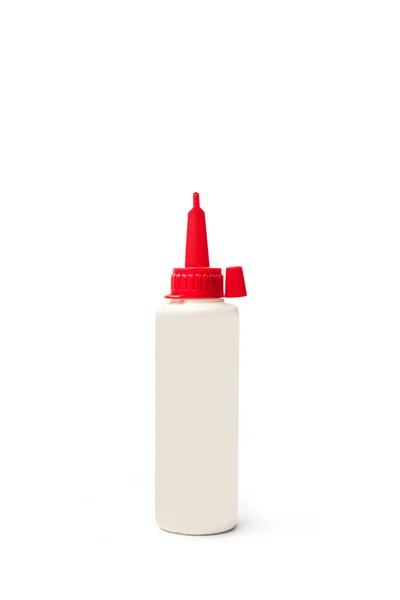 Uma Garrafa Plástico Cola Carpinteiro Fundo Branco Com Espaço Cópia — Fotografia de Stock