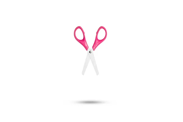 Metal Scissors Pink Platsic Handle Floating White Background Copy Space — Stock Photo, Image