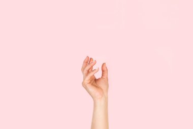 Fotokopi alanı olan pembe bir arka planda jest yapan kadın eli