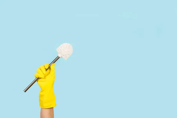 Woman Hand Yellow Rubber Glove Holding Toilet Brush Light Blue — Stock Photo, Image