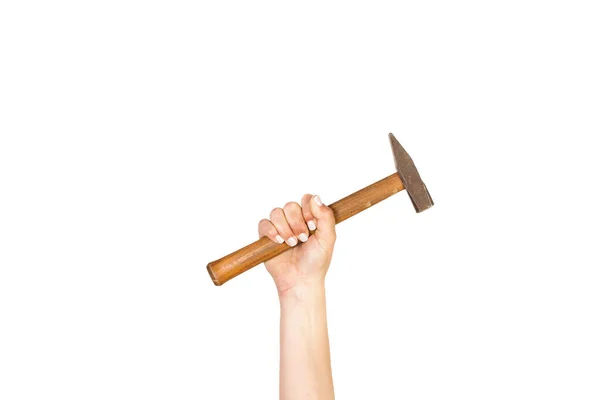 Woman Hand Holding Hammer White Background Copy Space — Stock Photo, Image