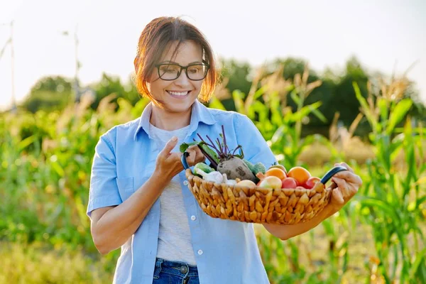 Medelålders kvinnlig trädgårdsmästare bonde med korg av mogna grönsaker — Stockfoto