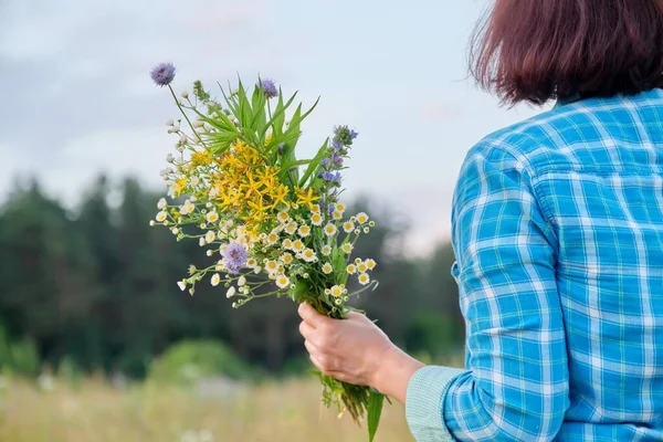 夏の自然、野の花の花束を持つ女性のバックビュー — ストック写真