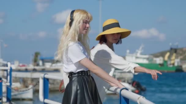 Μητέρα και έφηβη κόρη στέκονται μαζί στο ανάχωμα της θαλάσσιας πόλης, μιλώντας — Αρχείο Βίντεο