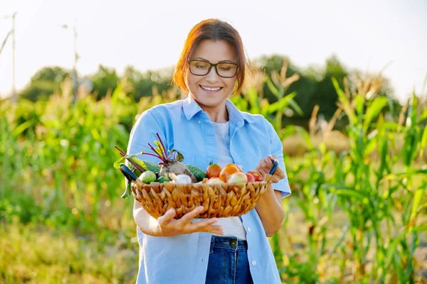 中年妇女园艺师农民，提着一篮子成熟蔬菜 — 图库照片