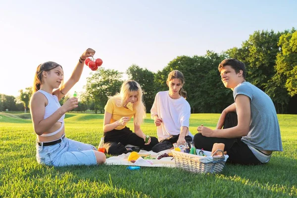 Teenagers having fun on a picnic in the park on lawn — Stock Photo, Image