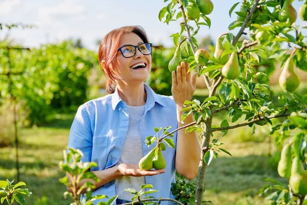 在梨树旁果园里，一个满脸笑容、自信的中年妇女的画像 — 图库照片
