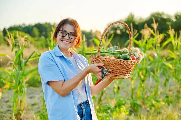 Žena středního věku s košíkem čerstvé ekologické zeleniny v zahradě, farma — Stock fotografie