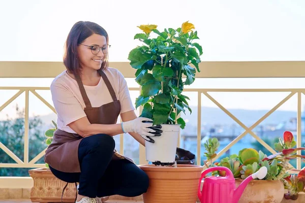 Женщина сажает уход за домашним растением в горшке, на террасе — стоковое фото