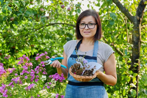 Wanita di kebun musim panas dengan koleksi bunga kering benih tanaman di keranjang — Stok Foto
