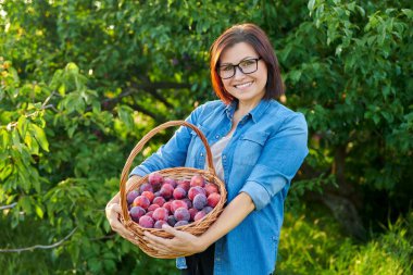 Orta yaşlı bir kadın sepetinde olgun erik hasadıyla kameraya bakıyor.