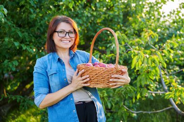 Orta yaşlı bir kadın sepetinde olgun erik hasadıyla kameraya bakıyor.
