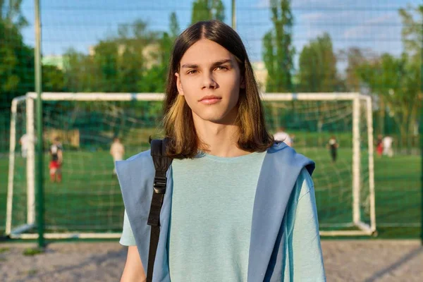 Outdoor Portrait Student Boy Years Old Sunset School Football Field — Stock Fotó