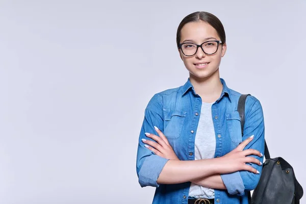Beautiful Smiling Teenage Student Girl Glasses Denim Shirt Backpack Looking — Stock Photo, Image
