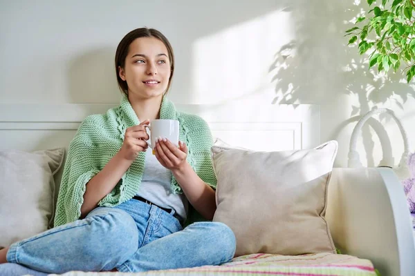 Genç bayan battaniyenin altında bir fincan sıcak çayla güneşleniyor, evdeki kanepede oturuyor, fotokopi çekiyor. Rahatla, dinlen, ısınma, soğuk mevsim, yaşam tarzı konsepti