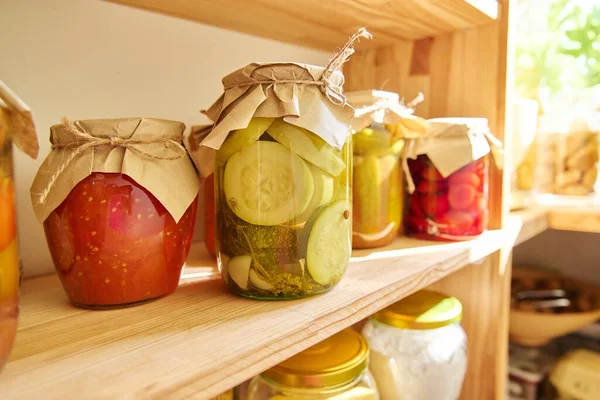 Storage Food Kitchen Pantry Pickled Canned Vegetables Fruits Shelf Jar — Stock Photo, Image