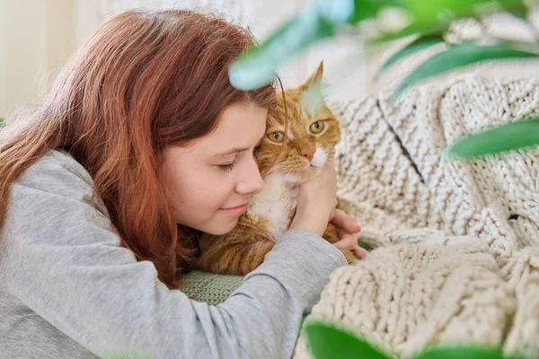 Preteen girl hugging cat with love, face close up. Home pet old ginger cat with young owner together. Animals, love, friendship, children, lifestyle concept