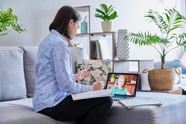 Young Female Teacher Making Video Conference Child Girl Sitting Home — Stock Photo, Image