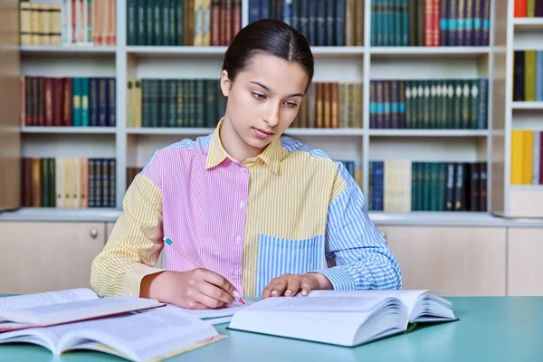 Teenage Girl Student Studying School Library Female Sitting Desk Books Royalty Free Stock Images