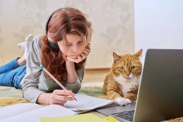 Preteen girl studying at home with ginger cat using laptop, lying on floor. Young female student and old funny cat study together. Animals, friendship, children, lifestyle, study, school concept