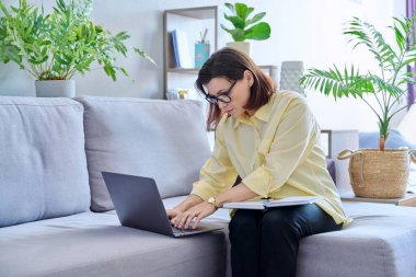 Olgun bir iş kadını, iş defterine not almak için dizüstü bilgisayar kullanıyor. Merkez ofisten çalışan kendinden emin orta yaşlı bir kadın. Serbest meslek, teknoloji, 40 'lı yaşlarda insanlar