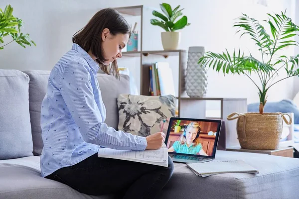 Young Female Teacher Making Video Conference Child Girl Sitting Home — Stock Photo, Image
