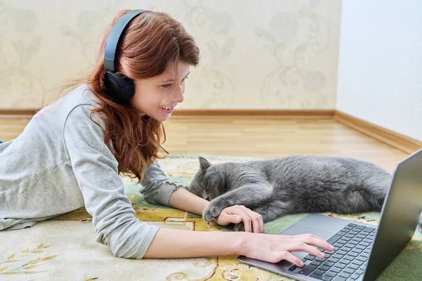 Ятнадцять Дівчат Навушниках Сірий Британський Кіт Дивлячись Ноутбук Разом Лежачи — стокове фото