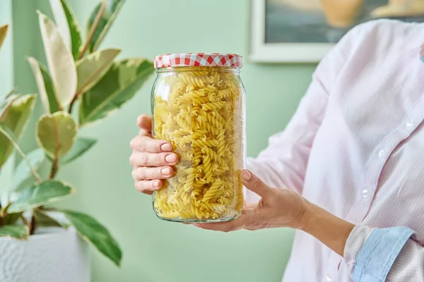 Spiral Pasta Jar Storage Hands Woman Close Home Kitchen — Fotografia de Stock
